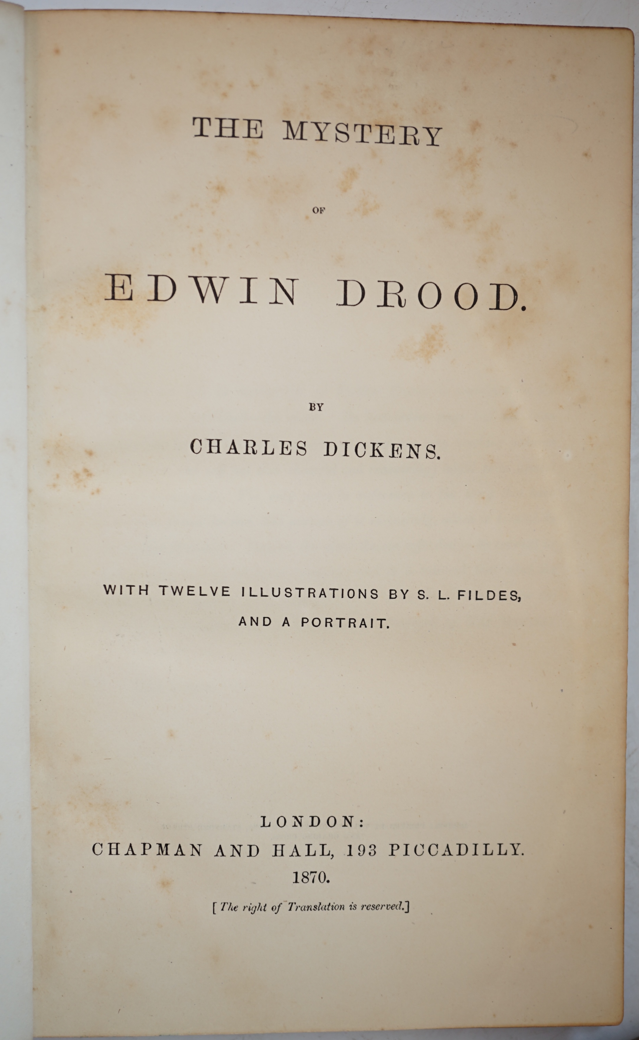 Dickens, Charles - The Mystery of Edwin Drood, 1st edition in book form, engraved portrait frontispiece, additional title and 12 plates by Luke Fildes, without 1p. list of Dickens' works and 32pp. catalogue at rear, 8vo,